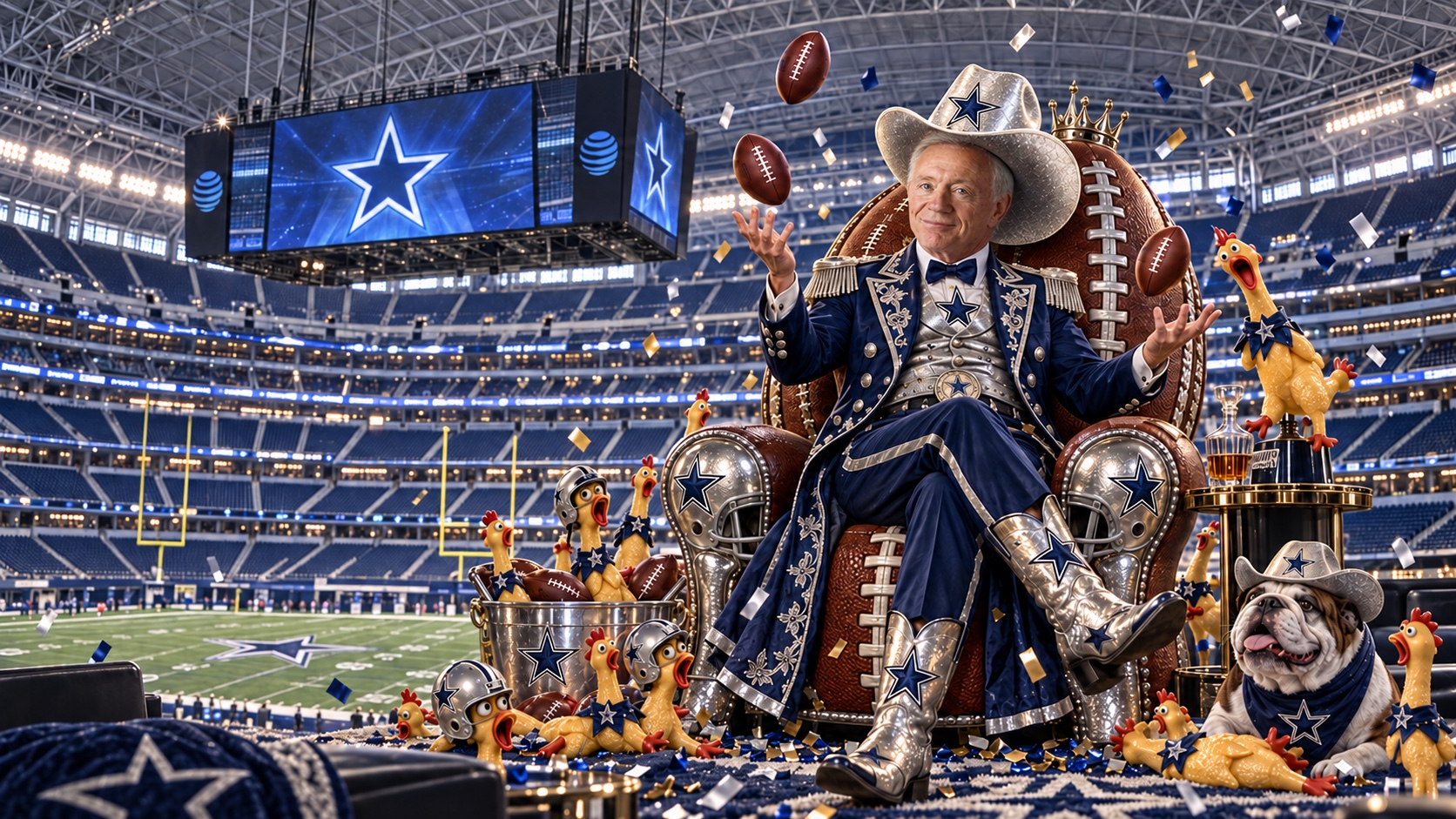Jerry Jones as a Cowboys ringmaster inside AT&T Stadium